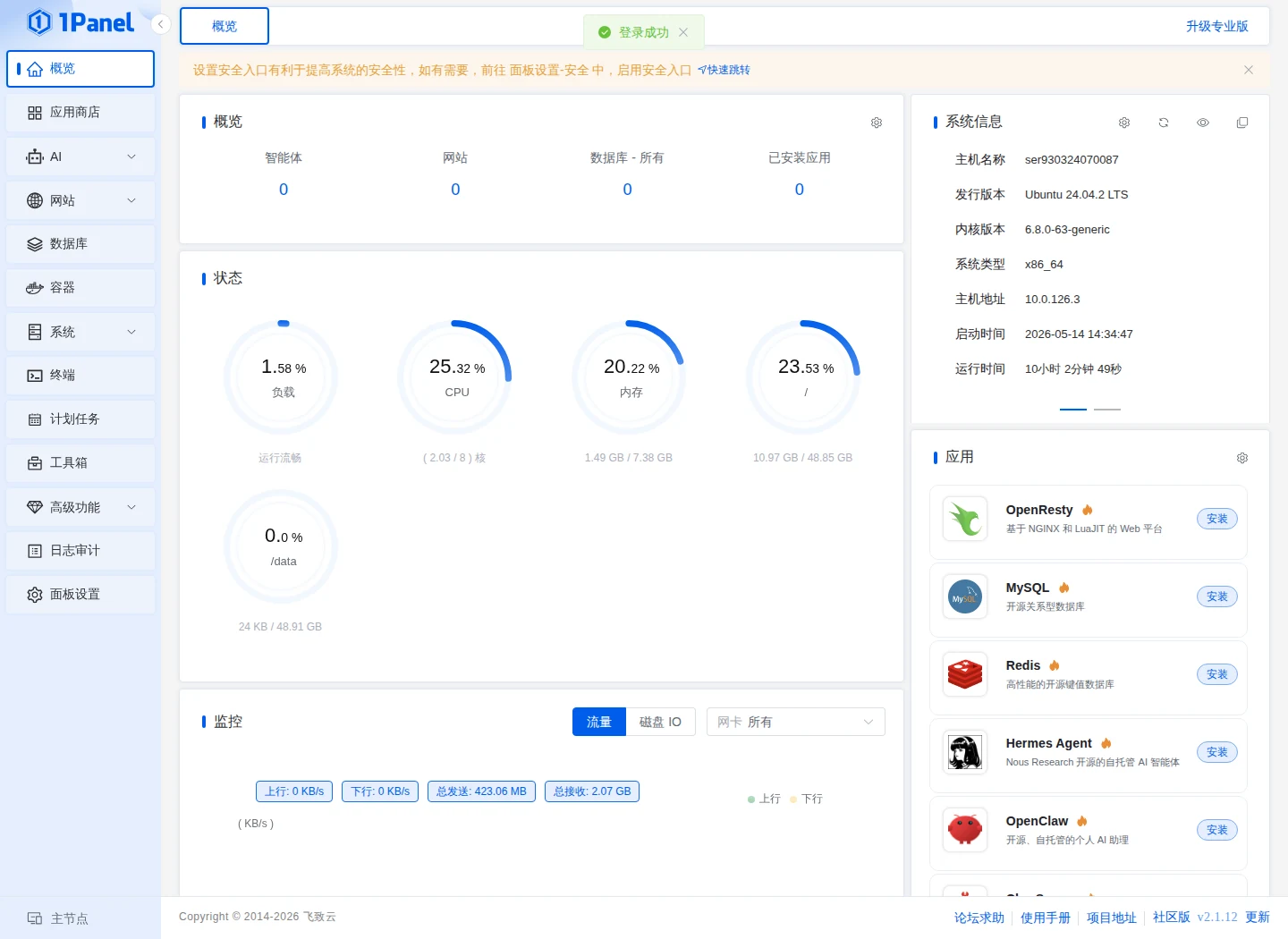 1Panel 面板首页，确认正在操作这台 VPS
