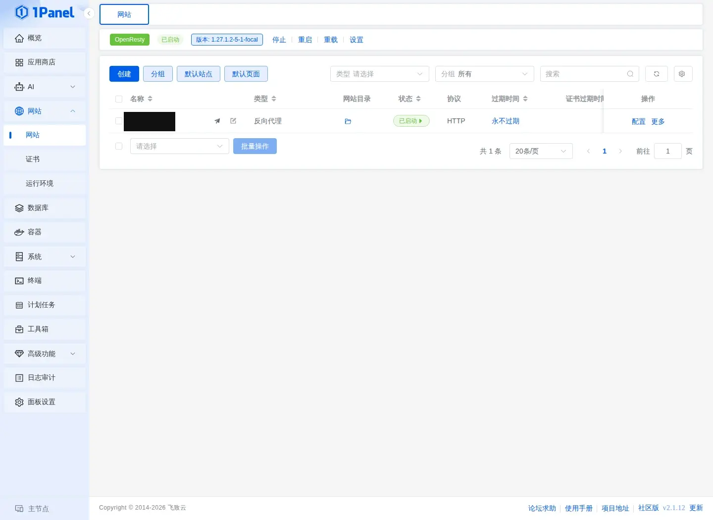反向代理网站创建成功，当前协议还是 HTTP