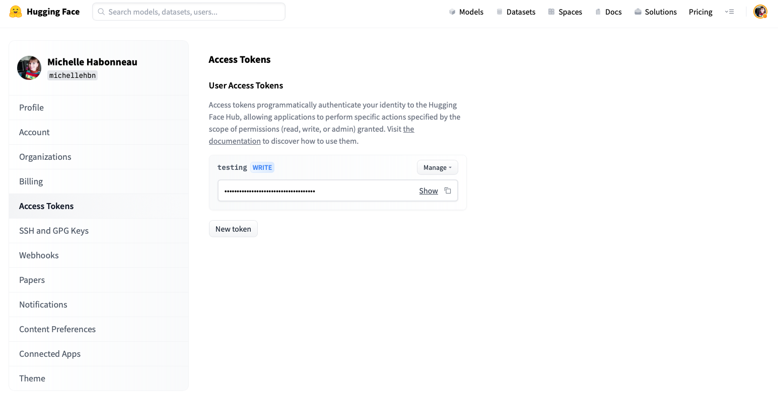 Hugging Face Access Tokens 页面官方截图