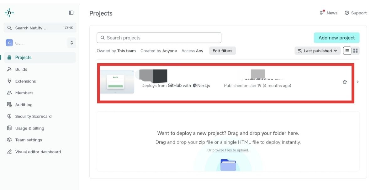 Netlify Projects 页面点击已经部署好的项目