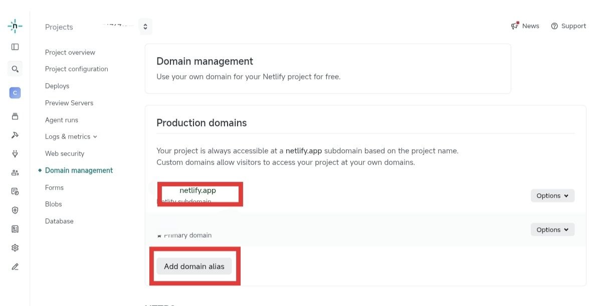 Netlify Domain management 页面查看默认 netlify.app 域名和 Add domain alias