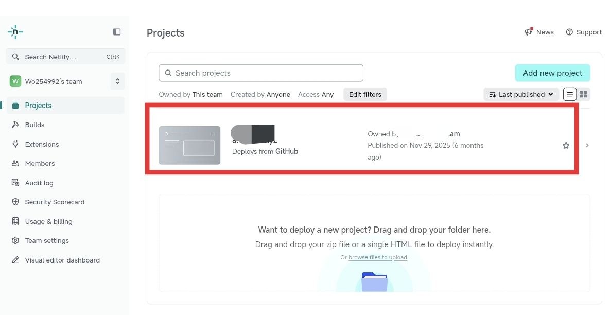 Netlify Projects 页面点击 danmu_api 项目行