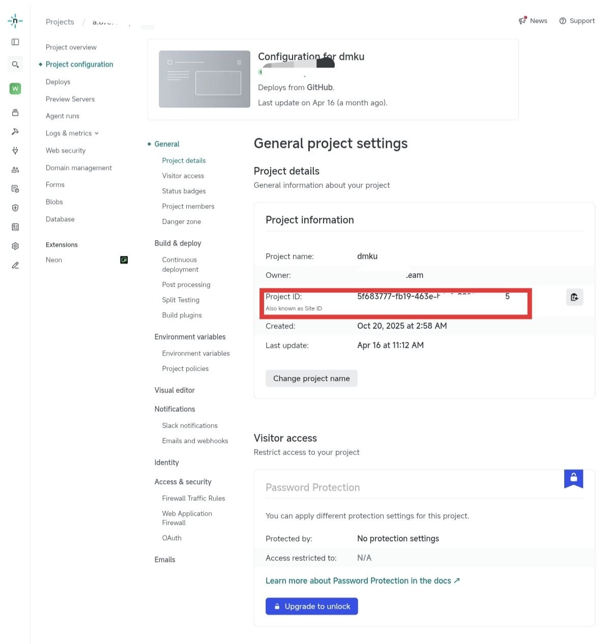 Netlify Project details 页面复制 Project ID / Site ID